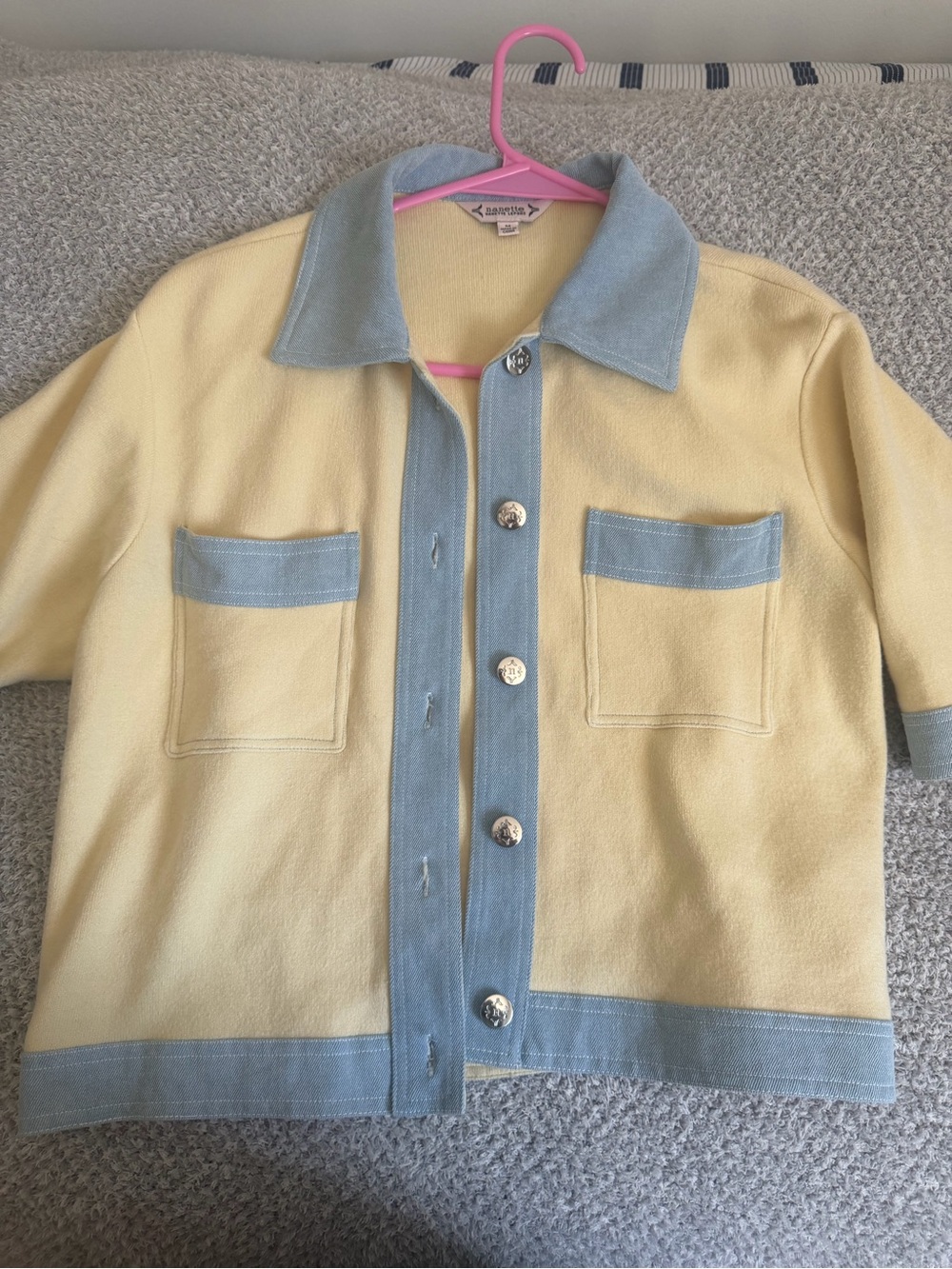Nanette Lepore Yellow and Light Blue Two-Tone Button Front Sweater Jacket